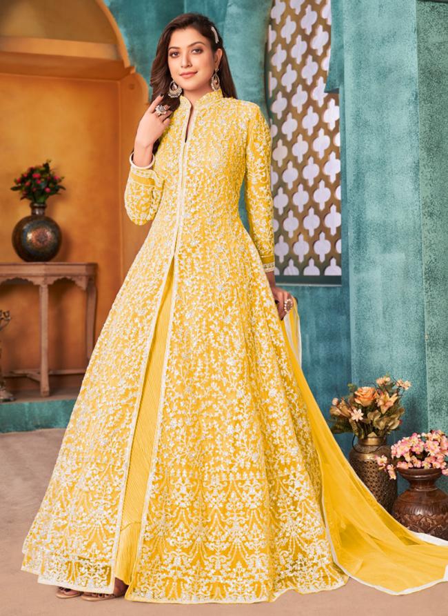 Net Yellow Wedding Wear Sequins Work Anarkali Suit